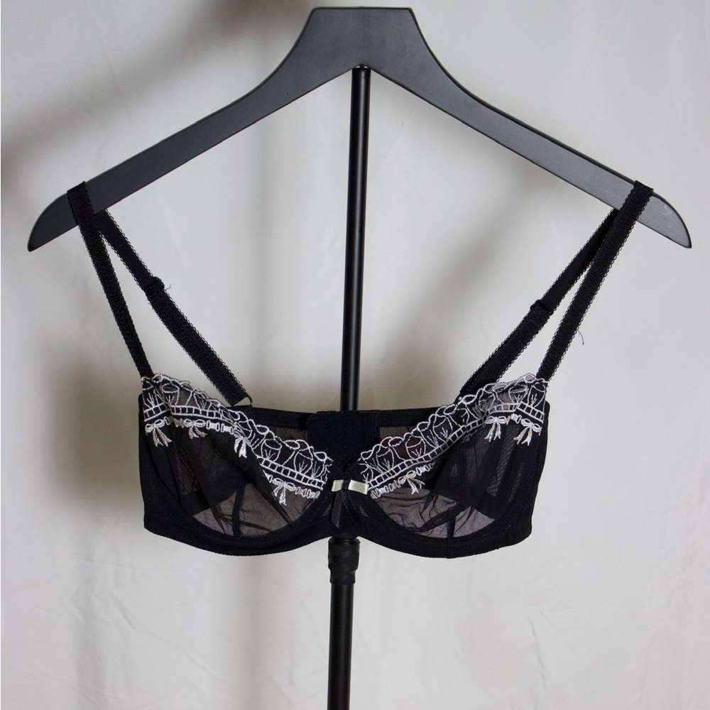 Ascension Black Sheer Mesh Lace Bra White Floral Embroidered Plunge 34C Y2K Goth